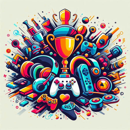 Retro style vector illustration of a gamepad, joystick, console, joystick and other gaming equipmentのイラスト素材
