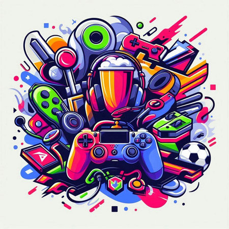 Cartoon colorful hand drawn doodles Entertainment illustration. Funny vector artwork.のイラスト素材