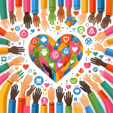 Vector illustration of multiethnic hands holding heart with social media icons around.のイラスト素材