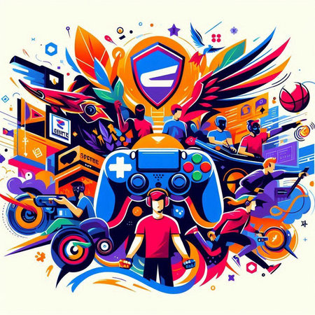 Vector illustration of people playing video games. Colorful design elements.のイラスト素材