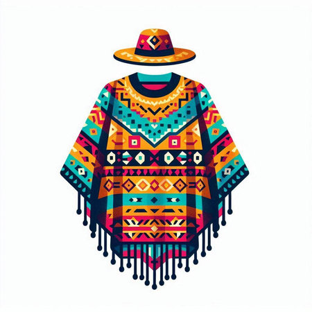 Vector illustration of a colorful Mexican poncho with ethnic ornamentsのイラスト素材