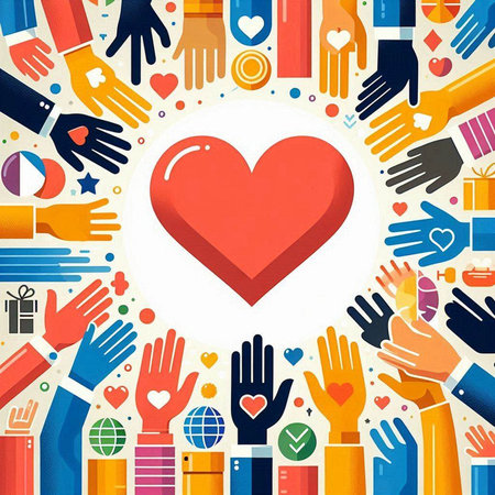 Volunteer hands around heart. Charity concept. Vector illustration.のイラスト素材