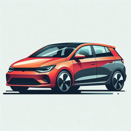 Vector illustration of a red car on a gray background. Side view.