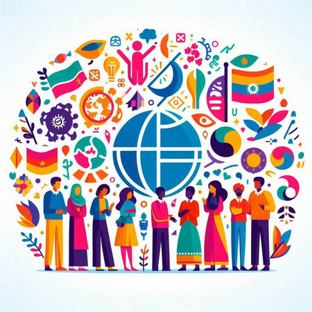 People around the globe. Global communication concept. Vector illustration in flat style
