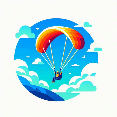 Paraglider in the blue sky with clouds. Vector illustration.のイラスト素材