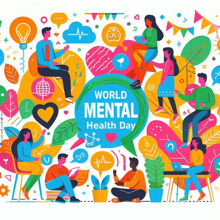 World mental health day concept with people and icons. Vector illustration in flat style