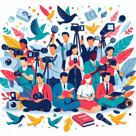 Vector illustration of people with camera, video camera, microphone and book.のイラスト素材
