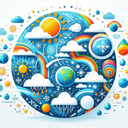 Vector illustration of colorful round frame with clouds, sun and snowflakes.