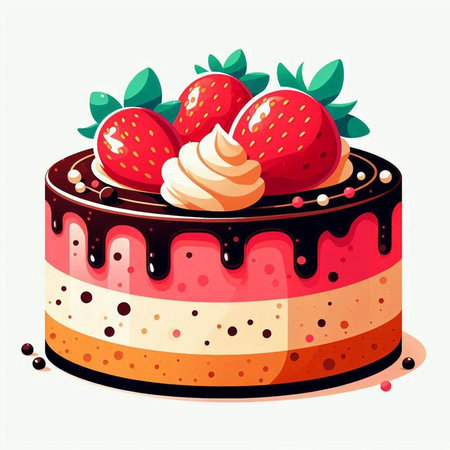 Vector illustration of a chocolate cake with strawberries on a white background.