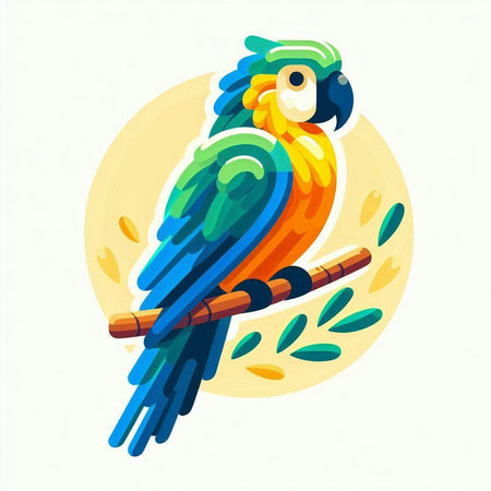 Colorful parrot sitting on a branch. Vector illustration in cartoon style.のイラスト素材