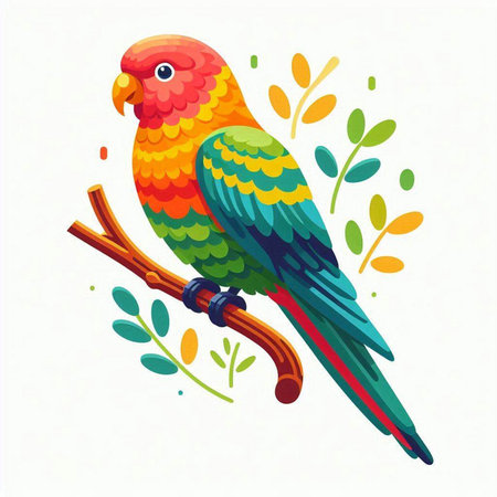 Colorful parrot on a branch with leaves. Vector illustration.のイラスト素材