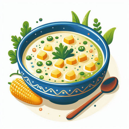 Creamy soup in bowl with corn and parsley. Vector illustration.のイラスト素材