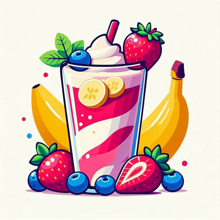 Fruit smoothie with strawberries, blueberries, bananas and whipped cream. Vector illustration.のイラスト素材