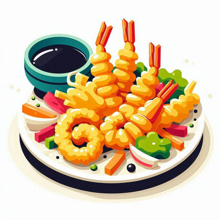 Illustration of Tempura Shrimps Served on a Plateのイラスト素材