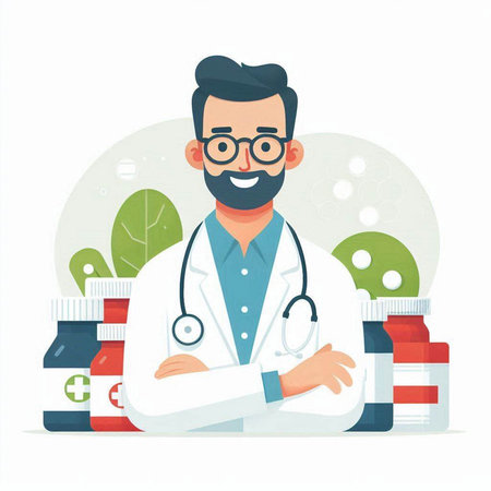 Doctor with stethoscope and pills. Vector illustration in flat styleのイラスト素材