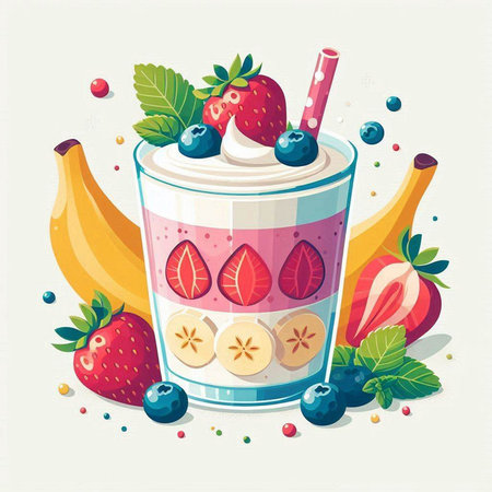 Fruit smoothies in a glass with berries and fruits. Vector illustration.のイラスト素材