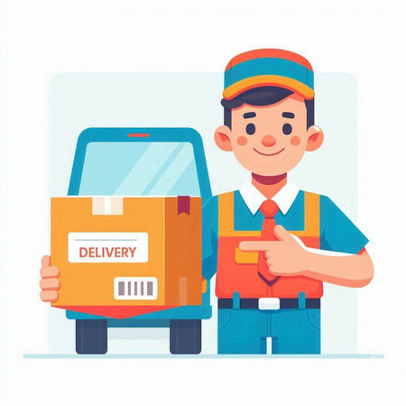 Delivery man with boxes. Vector illustration in flat cartoon style on white background.のイラスト素材