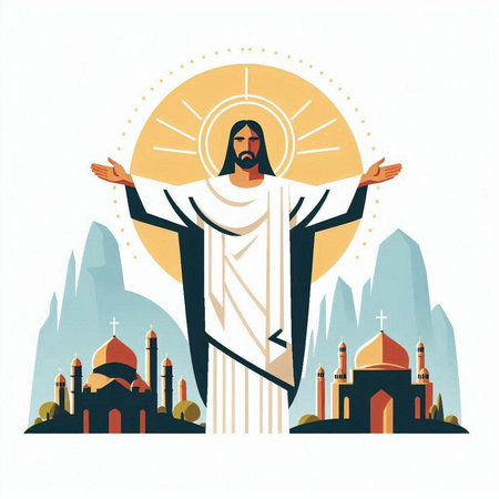 Jesus Christ on the background of the city. Vector illustration in flat style