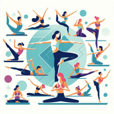 Yoga poses. Group of young women practicing yoga. Vector illustration.のイラスト素材