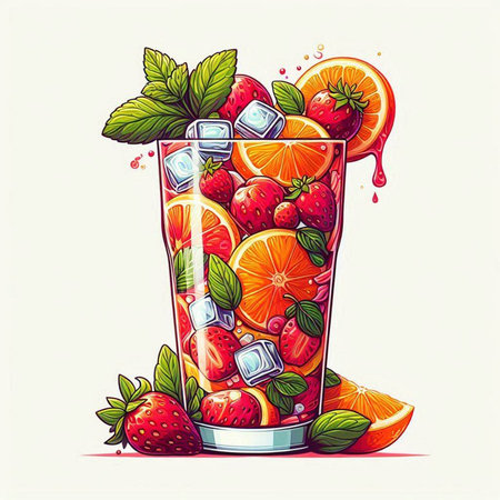 Cocktail with strawberries, oranges and ice cubes. Vector illustration.のイラスト素材