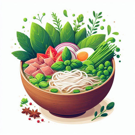 Noodle soup in a bowl with vegetables and meat. Vector illustration.のイラスト素材