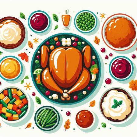 Vector illustration of Thanksgiving day dishes with turkey, mashed potatoes, carrots, peas, cucumber, carrot, cauliflower, cornucopia.のイラスト素材