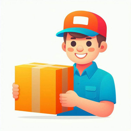 Delivery boy holding parcel box. Vector illustration in a flat style.のイラスト素材