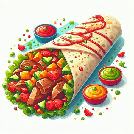 Tortilla with meat, vegetables and sauce. Vector illustration.のイラスト素材