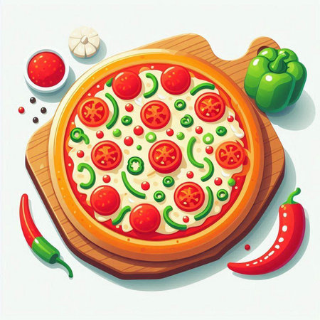Illustration of a pizza on a cutting board with pepper and tomatoのイラスト素材