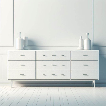 White chest of drawers in modern interior. 3d render illustrationのイラスト素材