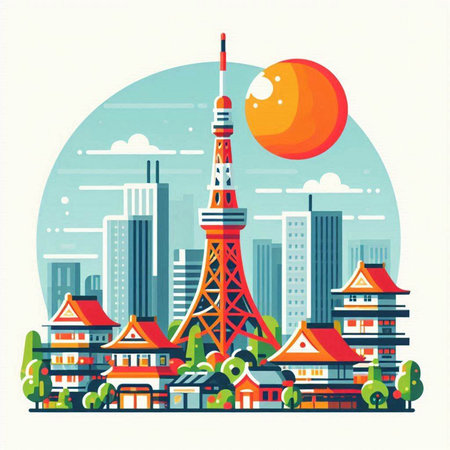 Vector illustration of Tokyo cityscape in flat design style. Japan.