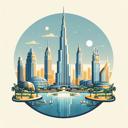 Dubai skyline, United Arab Emirates. Vector illustration in retro style.のイラスト素材