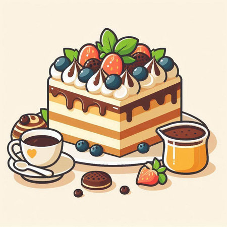 Illustration of a delicious cake with berries and coffee on a light background