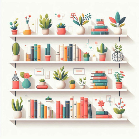 Bookshelf with books and plants. Vector illustration in flat styleのイラスト素材