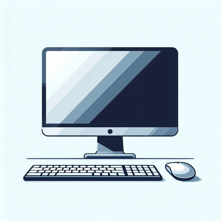 Computer monitor with keyboard and mouse on blue background. Vector illustration.