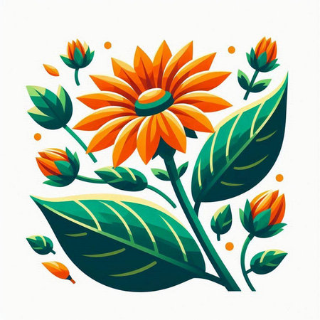 Vector illustration of a bright orange flower with green leaves on a white backgroundのイラスト素材