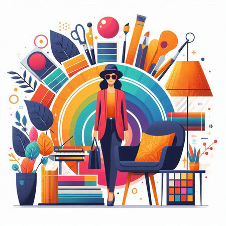 Fashionable girl in a bright room with furniture. Vector illustration.のイラスト素材