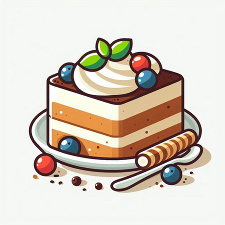 Vector illustration of a piece of cake with whipped cream and berries.のイラスト素材