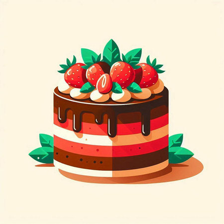 Cake with strawberries and chocolate. Vector illustration in flat style.