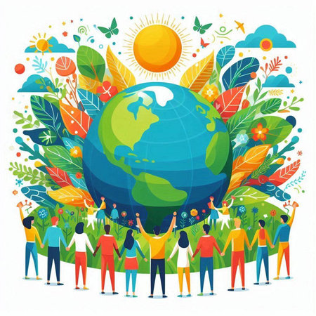 World Environment Day concept. Group of people holding Earth globe together. Vector illustration.のイラスト素材