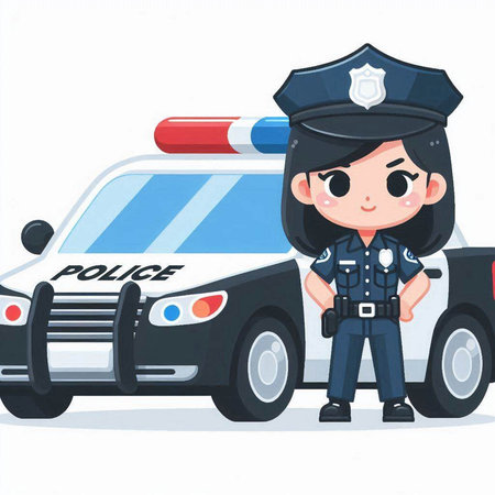 Cute police girl standing next to police car. Vector illustration.のイラスト素材