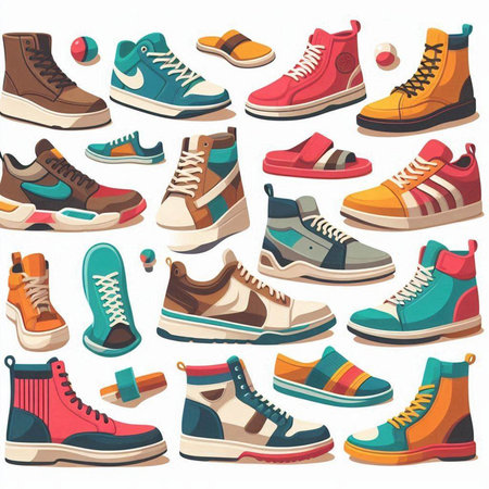 Set of different sneakers isolated on white background. Cartoon style vector illustration.のイラスト素材
