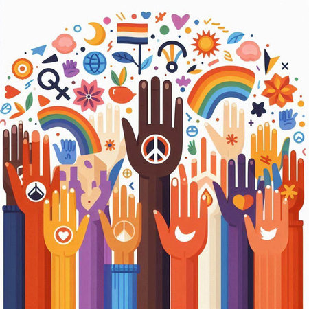 Hands of diverse people with different symbols and symbols. Vector illustration.のイラスト素材