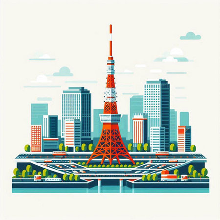 Tokyo tower. Vector illustration in flat style. City landscape.のイラスト素材