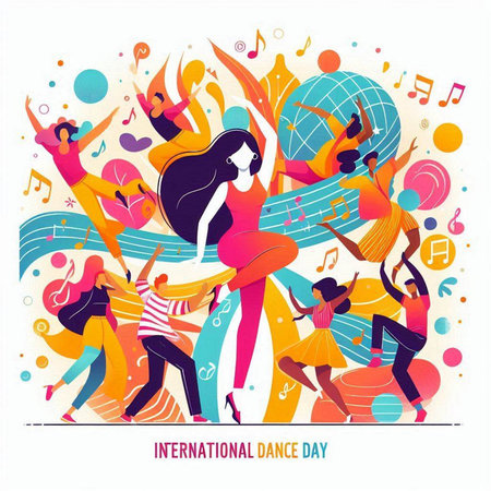International Day of Living Music. Vector illustration of dancing people and musical notes.のイラスト素材