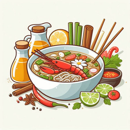 Illustration of a bowl of noodle soup with shrimps and vegetables
