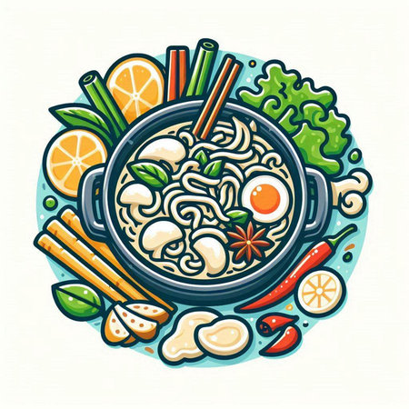 Noodles in bowl with vegetables and spices, vector illustration.