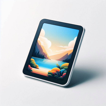 tablet pc with an image of a mountain landscape on the screen