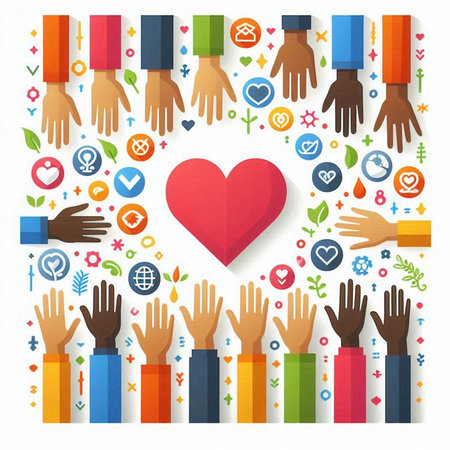 Volunteer community concept with hands and red heart. Vector illustration.のイラスト素材