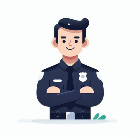 Policeman with folded arms. Vector illustration in cartoon style.
